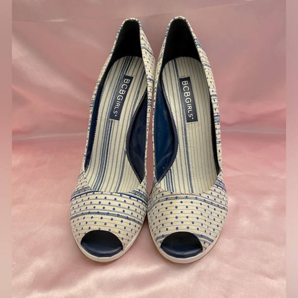 BCBGirls Shoes - BCBGIRLS Size 8 Blue and White Polka Dot and Stripe Open Toe Slip on Platform